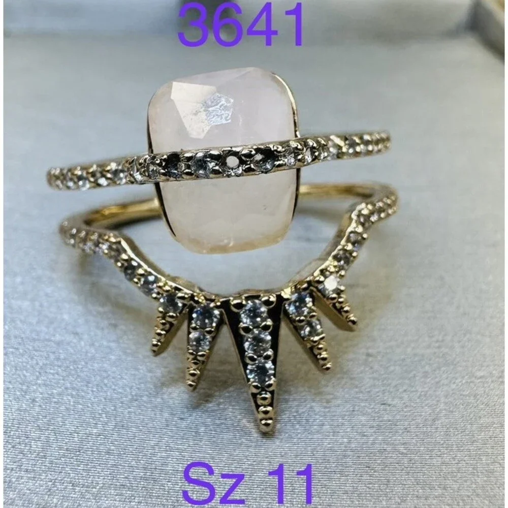 Bomb Party Rose Quartz Sunburst Statement Ring Size 11 Gold Tone